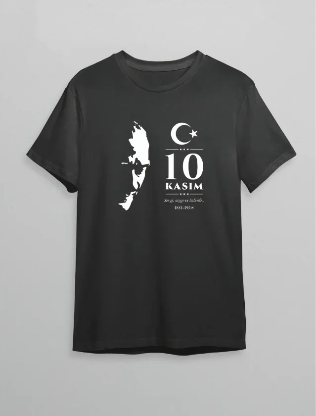 10 Kasım Atatürk Anma Günü Silüet Baskılı Oversize Bisiklet Yaka T-shirt - Siyah