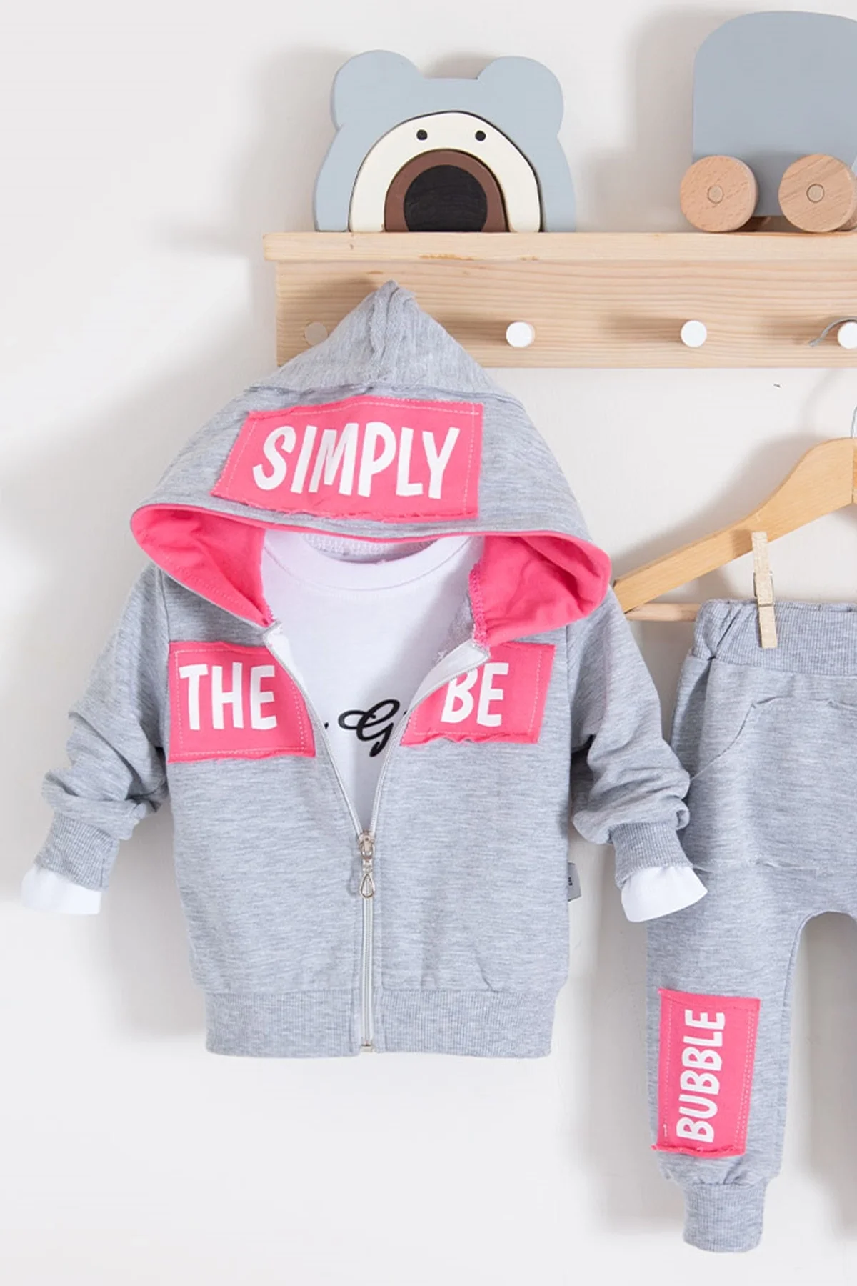 Simply Desenli Kapişonlu 3'lü Kız Bebek Takımı görsel 2