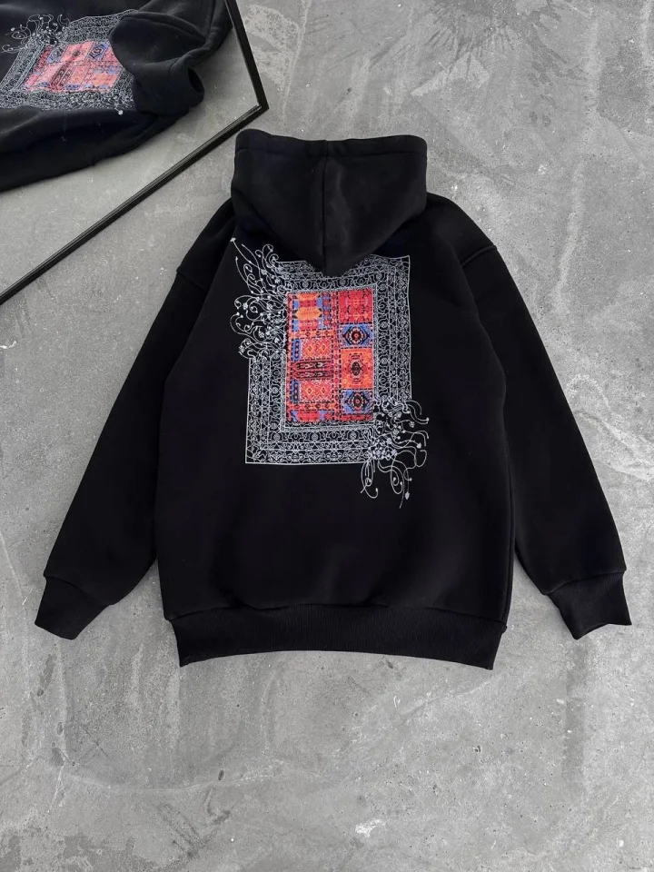 Uzun Kol Kapşonlu Ön Ve Arka Baskılı SweatShirt - Siyah görsel 4