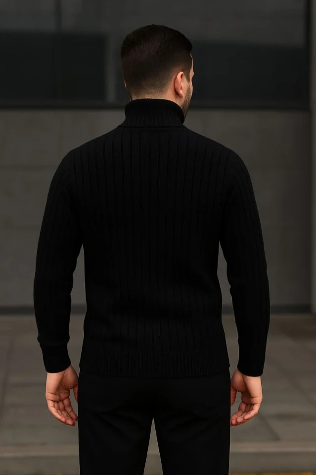 Erkek Fitilli Triko Kazak 2li Set Gri Siyah Regular Balıkcı Yaka Tam Boğazlı Triko Seti Modeli Kazak görsel 4