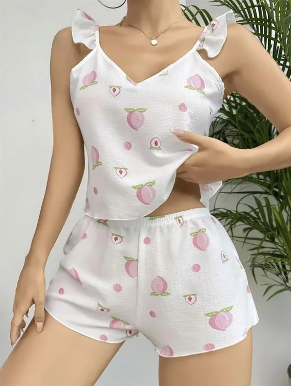 Pamuklu Beyaz Üstüne Çiçek Desen Fırfır Askılı Şortlu Pijama Takımı görsel 2