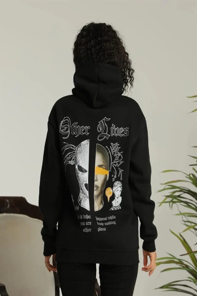 Oversize Üç İplik Kapüşonlu Sweatshirt – Siyah “Other Lives” Ön Ve Arka Baskılı, Şardonlu Kışlık, Rahat Günlük Model Siiyah görsel 2