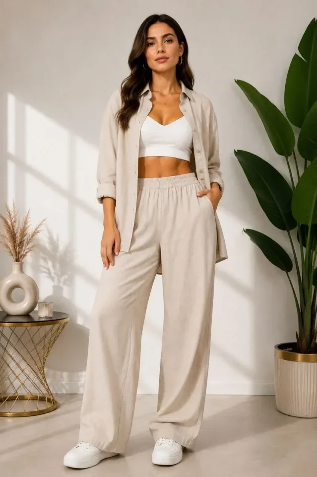 Sofya Keten Gömlek Pantolon Alt Üst Takım Uzun Kollu - Krem görsel 2