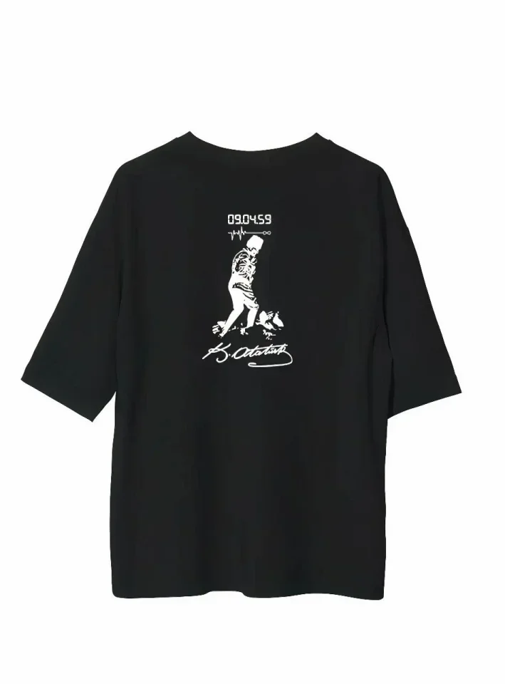 Unisex Bisiklet Yaka Baskılı Oversize T-Shirt - Siyah görsel 2
