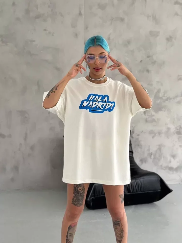 Unisex Bisiklet Yaka Baskılı Oversize T-Shirt - Beyaz görsel 2
