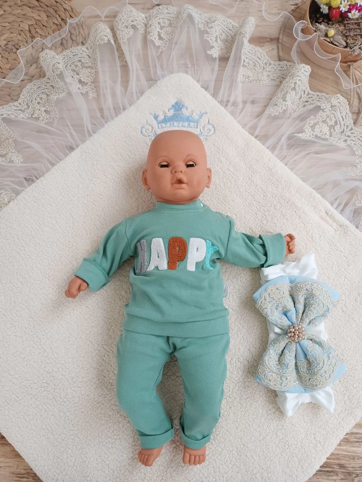 Yenidoğan Kuzulu Taç Nakış Güpürlü Fiyonklu Duvaklı Prizma Taş Unisex Kundak Bebek Battaniyesi Mavi görsel 3