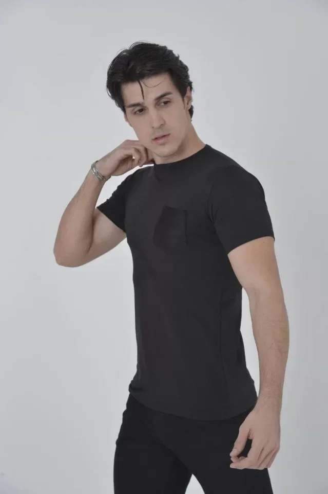 Erkek File Cepli Slim Fit T-shirt - Siyah görsel 3