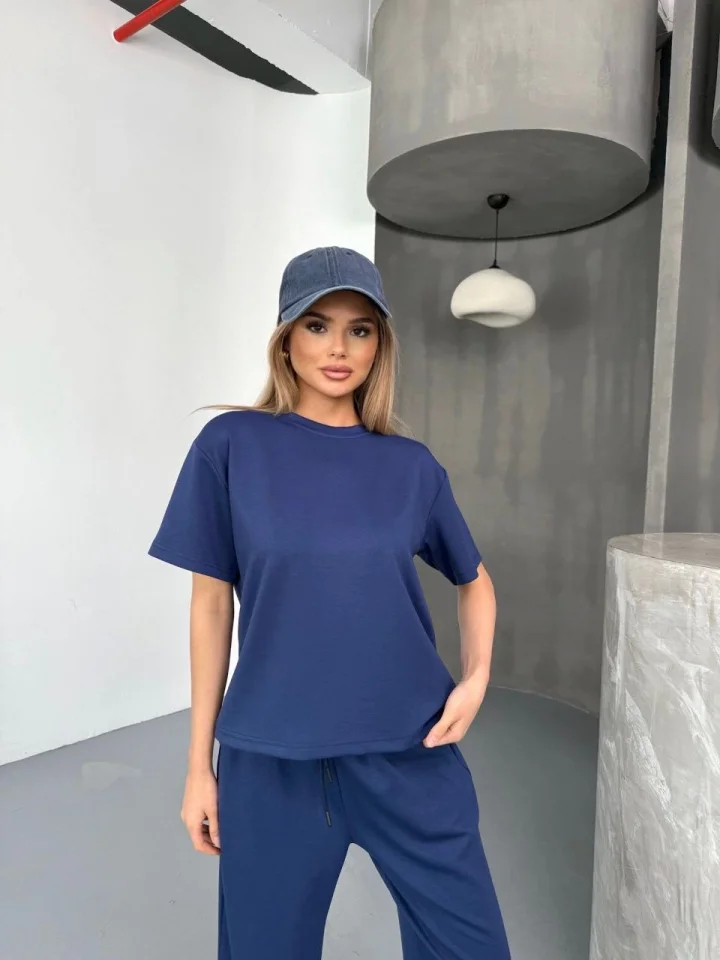 Osy Modal Yumuşak Dokulu Kumaş Kısa Kollu Bluz Rahat Pantalon Ikili Takım- Lacivert görsel 4