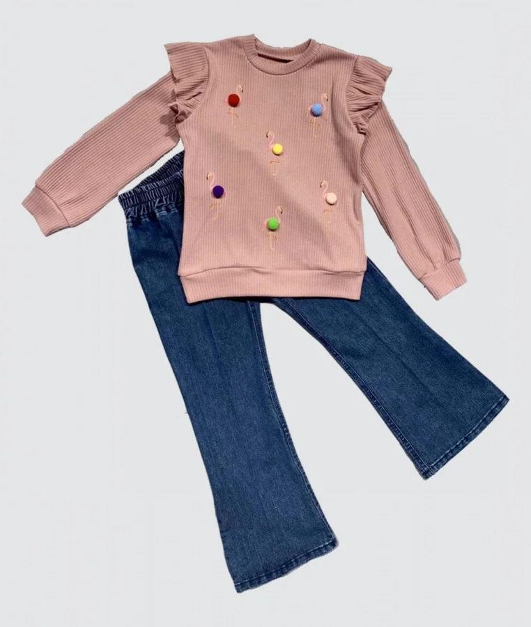 4-5-6 Yaş Kot Pantolonlu Flamingo Desenli Penye Sweat Uzun Kollu 2li Kız Çocuk Takımı Gül Kurusu