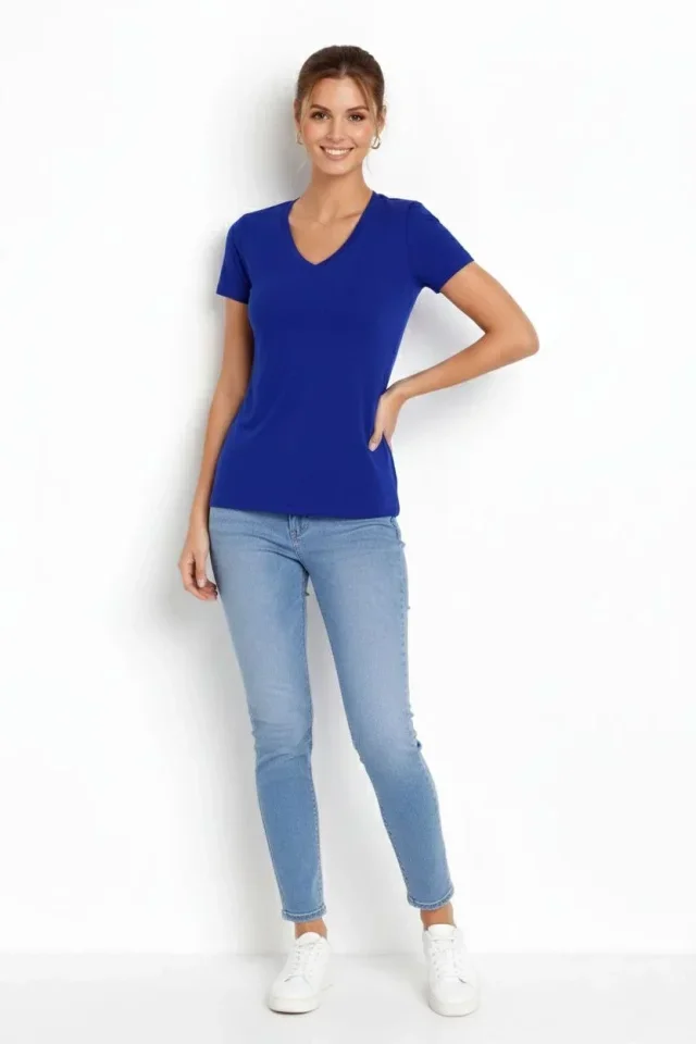 T-Shirt V Yaka Slim Fit Likralı Tişört Günlük Basic Body - İndigo görsel 2