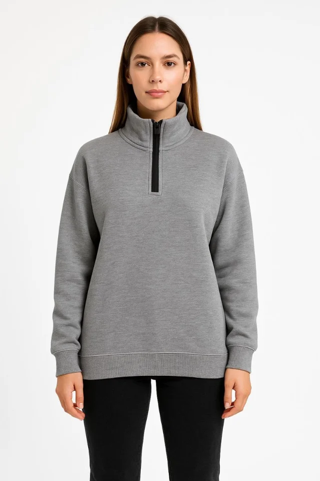 Üç İplik Dık Yaka Yarım Fermuarlı SweatShirt - Gri