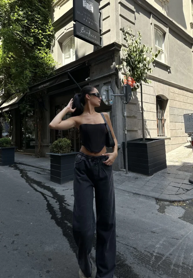 Arkadan Yırtmaçlı Jeans Kot Palazzo Pantolon - Siyah görsel 3