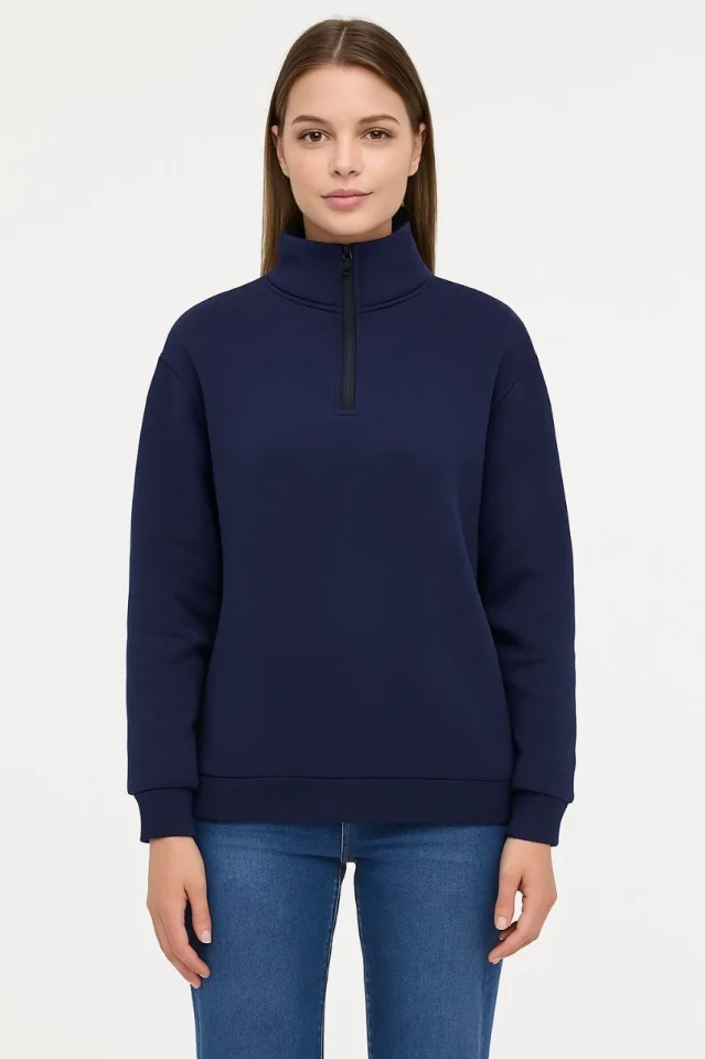 Üç İplik Dık Yaka Yarım Fermuarlı SweatShirt - Lacivert görsel 3