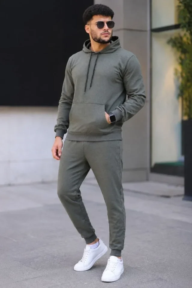 Erkek İki İplik Kapüşonlu Kanguru Cepli Sweatshirt Jogger Pantolon Alt Üst Eşofman Takımı - Haki görsel 2