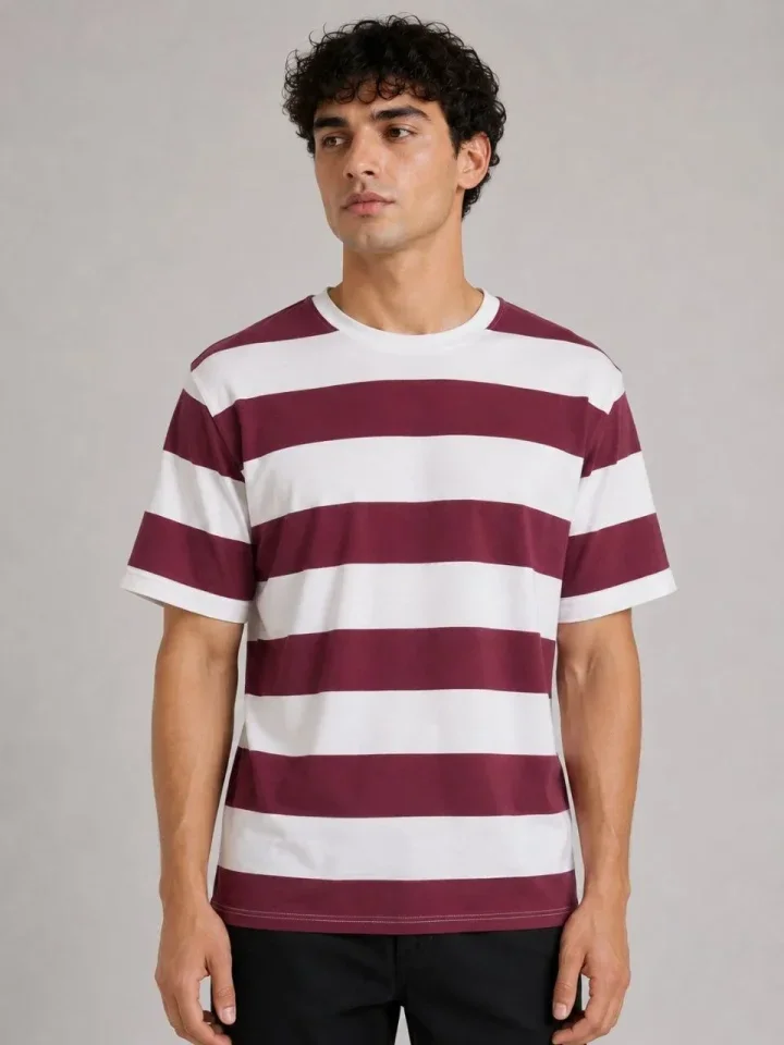 Erkek Çizgili Oversize Tişört Bisiklet Yaka Kısa Kol Yazlık T-Shirt - Bordo görsel 3