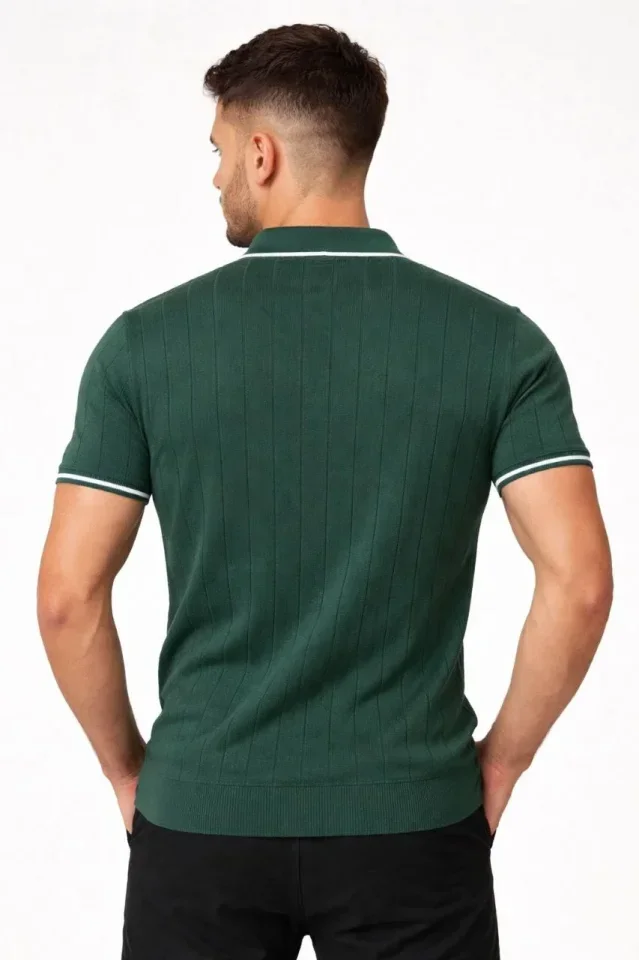 Erkek Fermuarlı Yaka Fitilli Triko Kısa Kollu Regular Fit Tişört T-shirt - Yeşil görsel 3