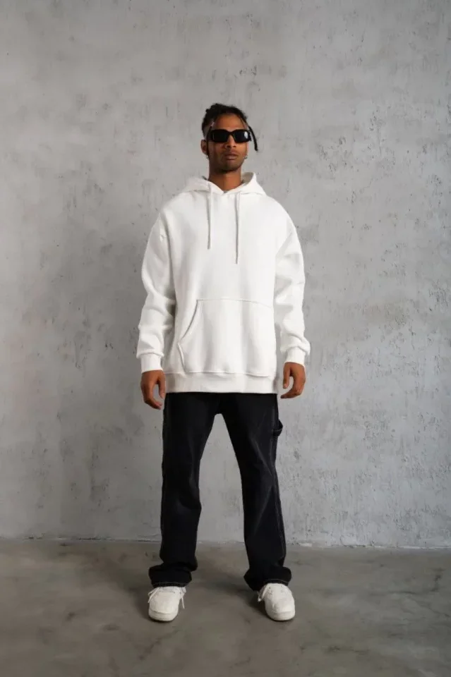 3 İplik Kapşonlu Sweatshirt Hoodie - Beyaz görsel 3