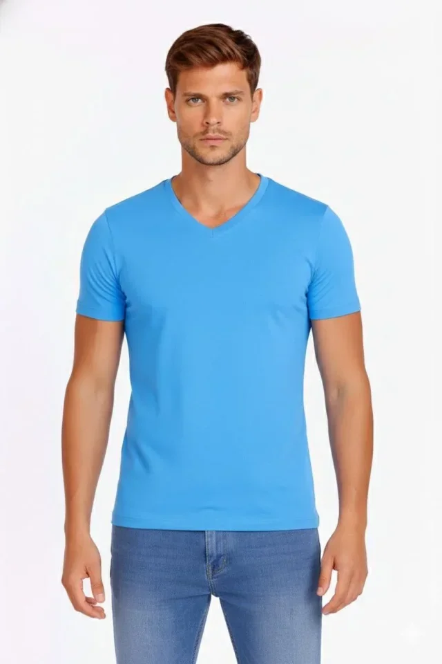Erkek T-Shirt V Yaka Slim Fit Dar Kesim Likralı Tişört Günlük Basic Body - Açık Mavi görsel 3
