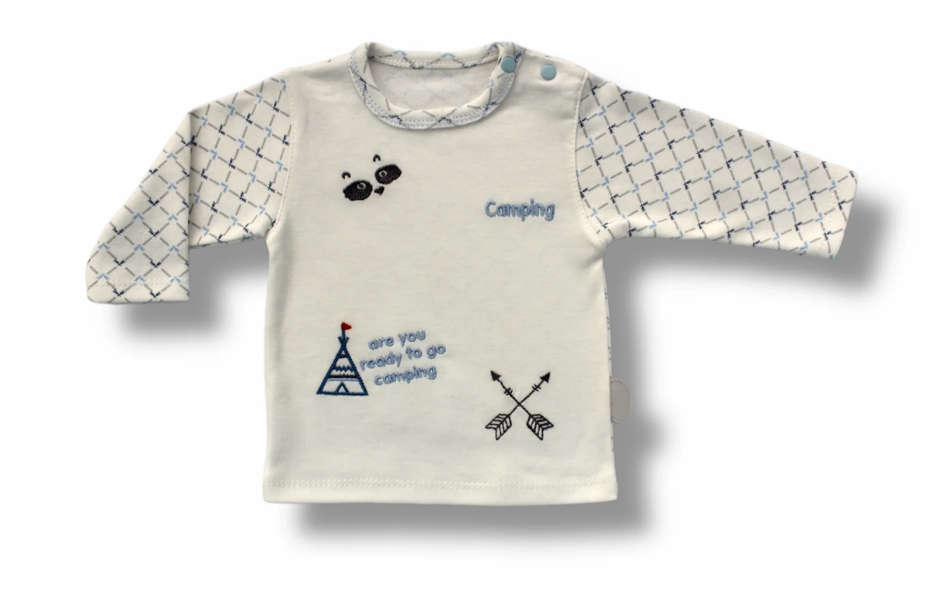 3-6 6-9 9-12 Ay My Camping Nakışlı Şapkalı Uzun Kollu Sweatli 3lü Erkek Bebek Takımı Ekru görsel 2