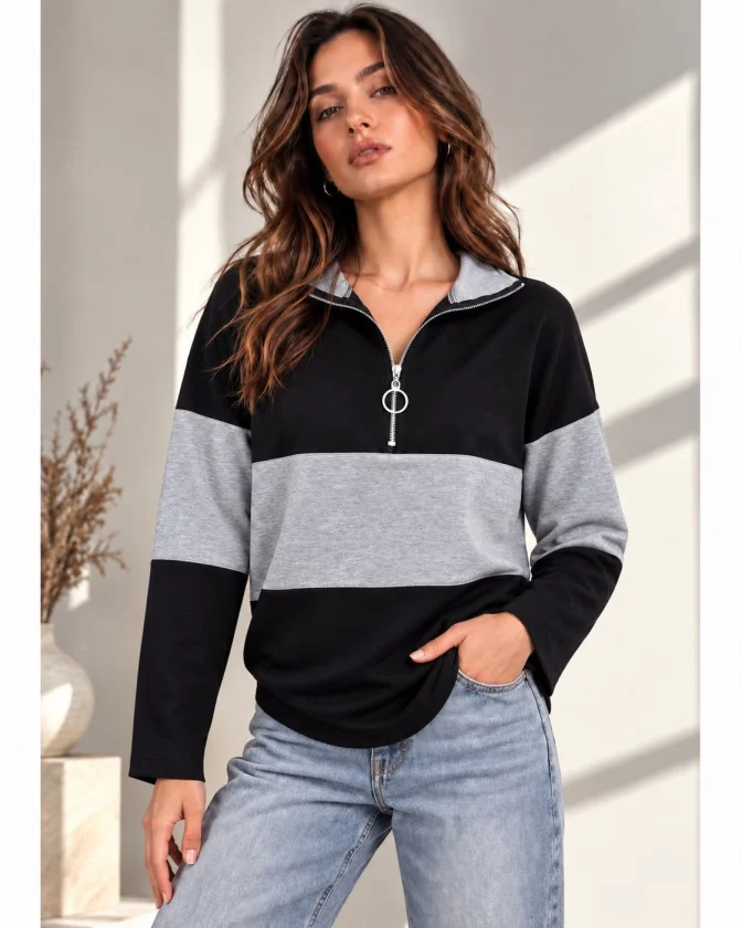 Kadın Fermuarlı Yaka Renk Bloklu Sweatshirt / Üst görsel 2