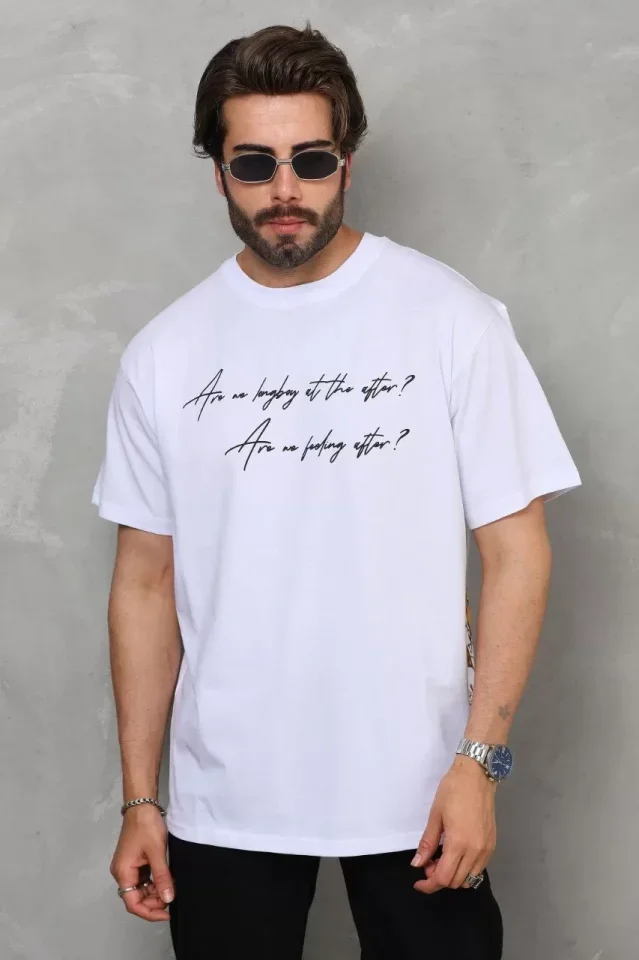 Unisex Bisiklet Yaka Baskılı Oversize T-Shirt - Beyaz görsel 3