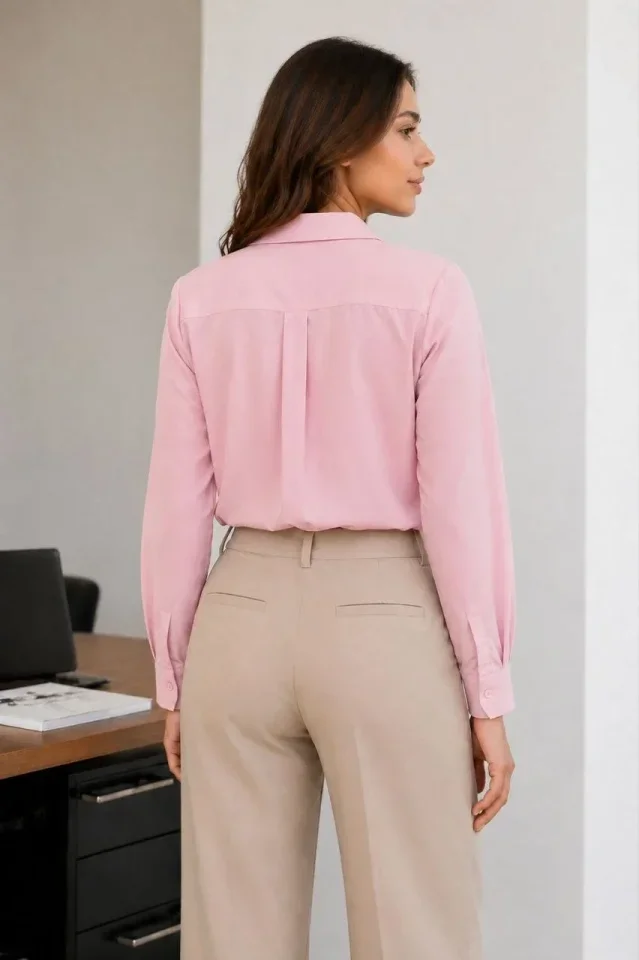 Uzun Kol Gömlek Düğmeli Klasik Yaka Günlük Ve Ofis Şıklığına Uygun - Toz Pembe görsel 2
