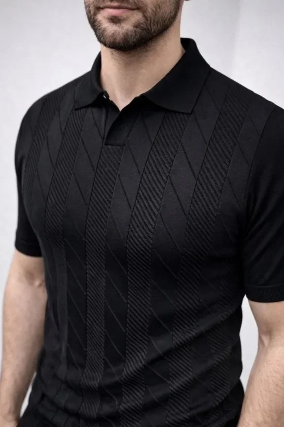 Erkek Yazlık Triko Dokuma Tişört Kısa Kol Polo Yaka T-Shirt - Siyah