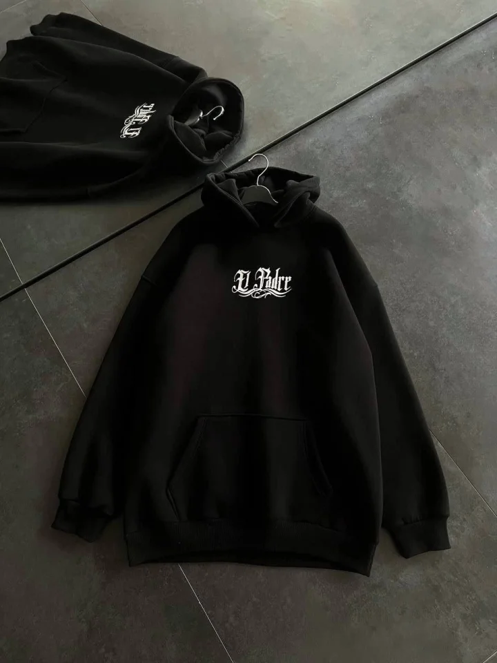 Üç İplik Penye Uzun Kol Kapşonlu Baskılı SweatShirt - Siyah görsel 2