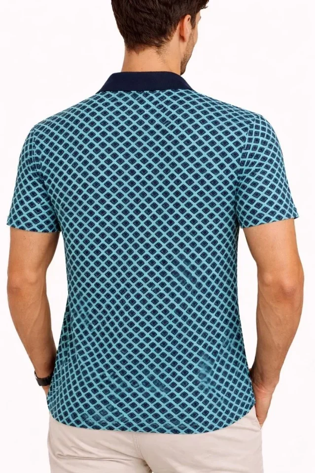 Erkek Pike Kumaş Polo Yaka Desenli Tişört Kısa Kol Yazlık T-Shirt - Turkuaz görsel 3