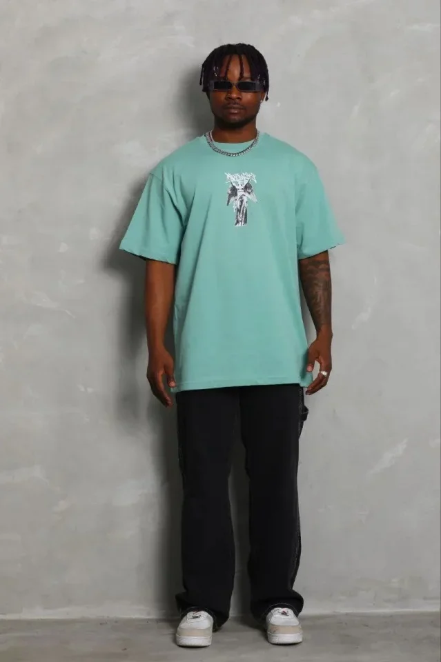 Erkek Baskılı T-Shirt Kısa Kol Bisiklet Yaka Regular Fit Rahat Kalıp Günlük Tişört - Mint Yeşili görsel 2