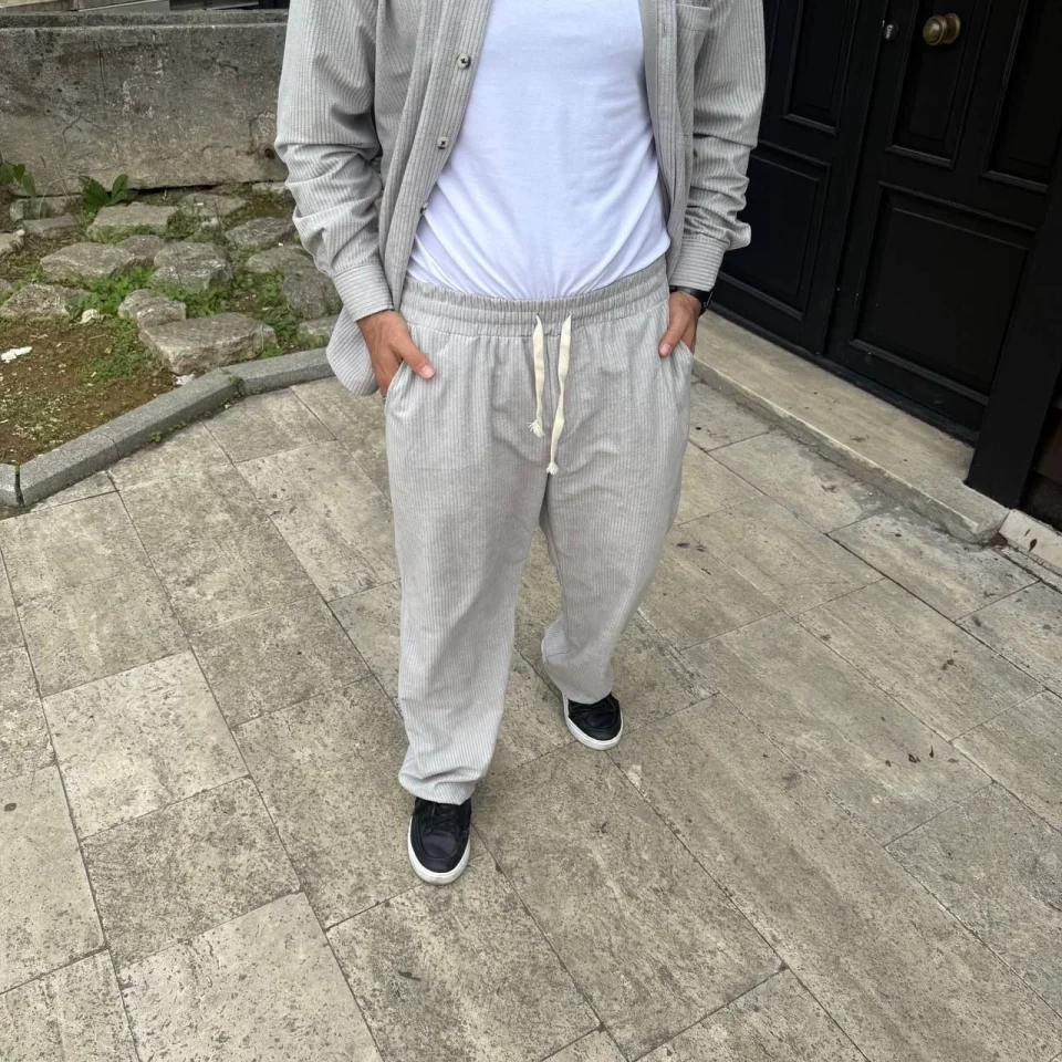 Erkek Fitilli Kadife Cepli Buggy Pantolon Oversize Rahat Kalıp - Gri görsel 3