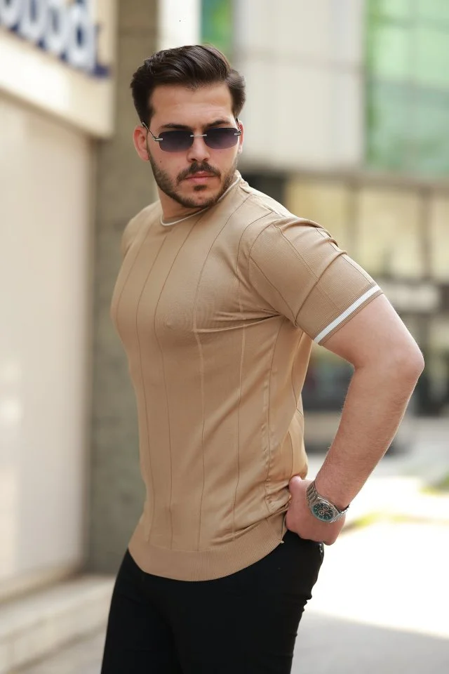 Erkek Bisiklet Yaka çizgi Desenli Ribanalı Kısa Kollu Tshirt görsel 2