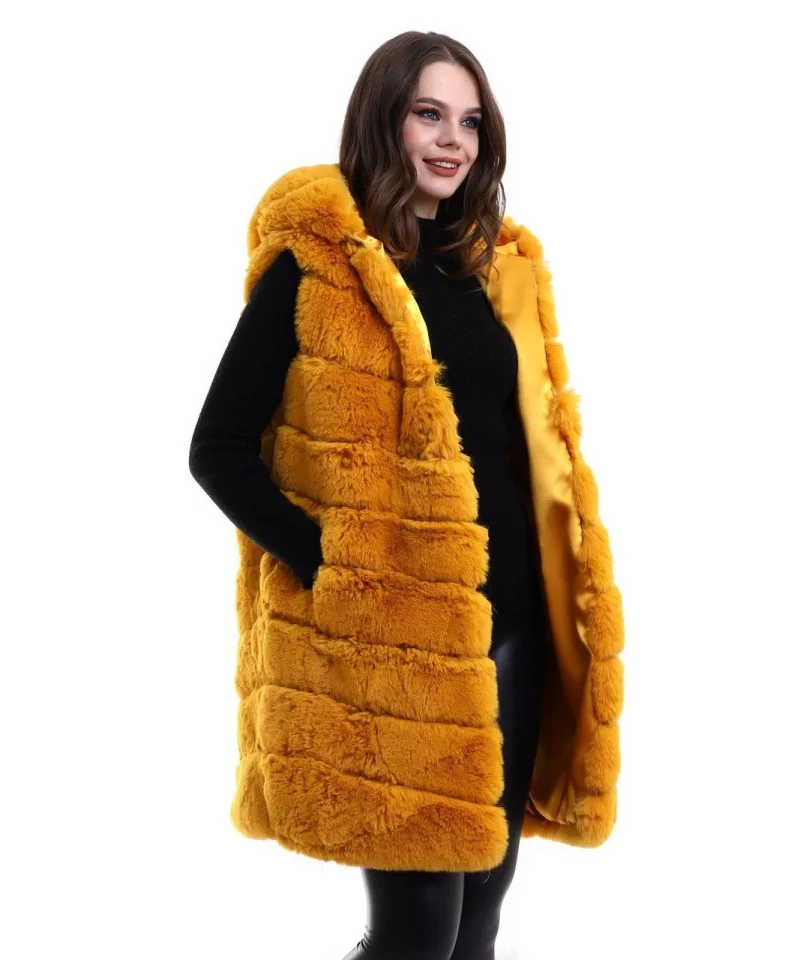 Kapşonlu Peluş Kürk Yelek Premium Kalite, Tam Astarlı, Uzun Model - Sarı görsel 2