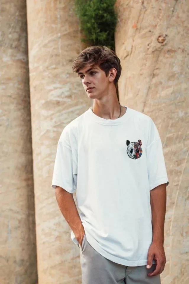 Unisex Baskılı Oversize T-Shirt - Beyaz görsel 3