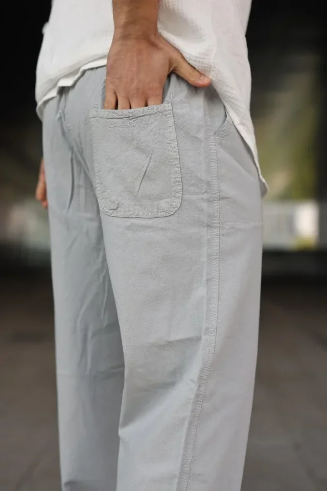 Erkek Ham Keten Beli Lastikli Cepli Regular Fit Boru Paça Pantolon - Gri görsel 2