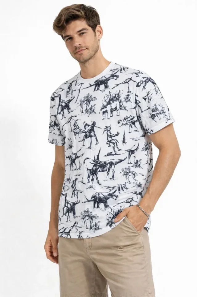Erkek Beyaz Dinozor Desenli Tişört – Regular Fit, Bisiklet Yaka, Dijital Baskılı Pamuklu T-Shirt - Beyaz görsel 2