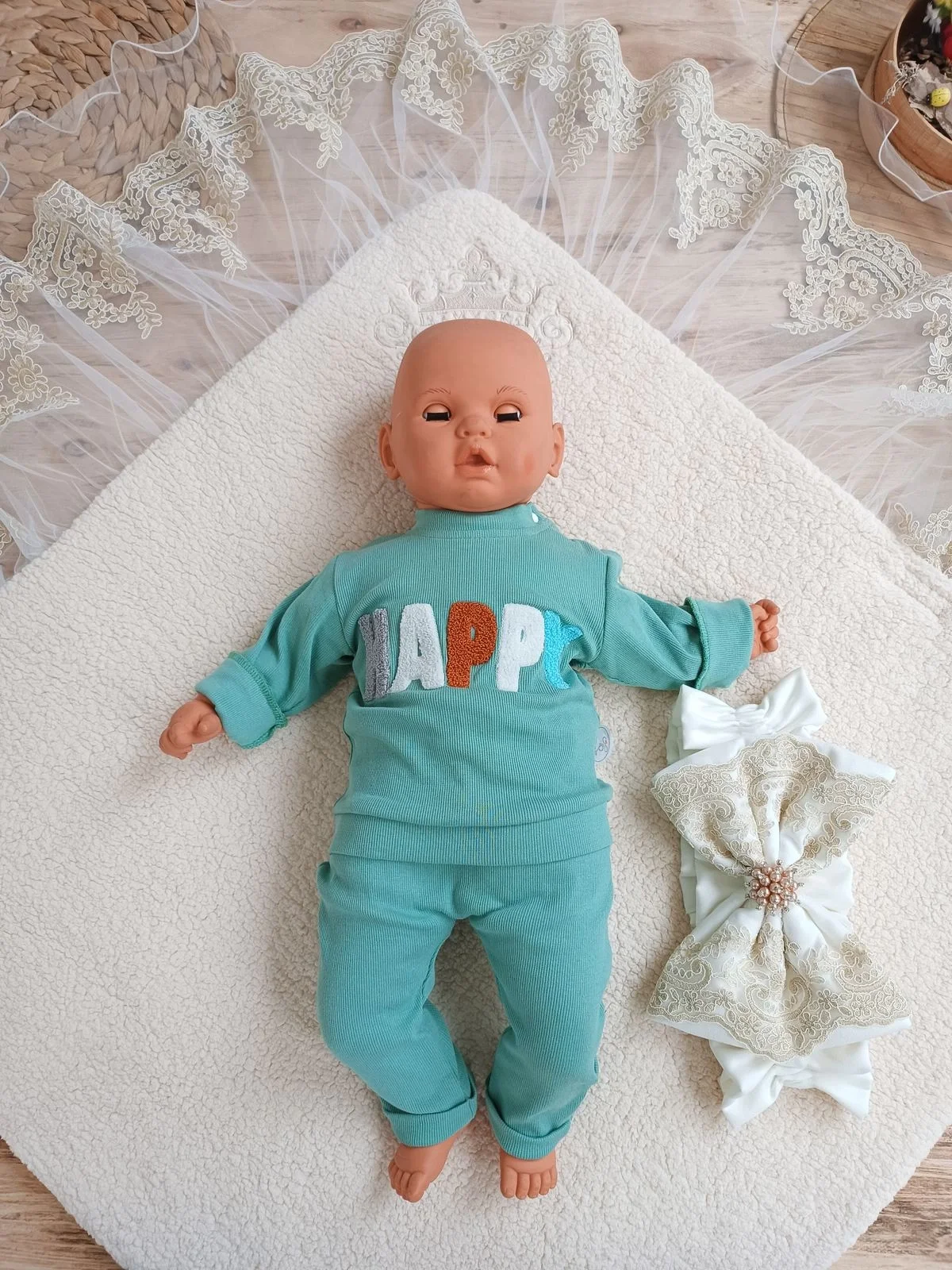 Yenidoğan Kuzulu Taç Nakış Güpürlü Fiyonklu Duvaklı Prizma Taş Unisex Kundak Bebek Battaniyesi Bej görsel 3