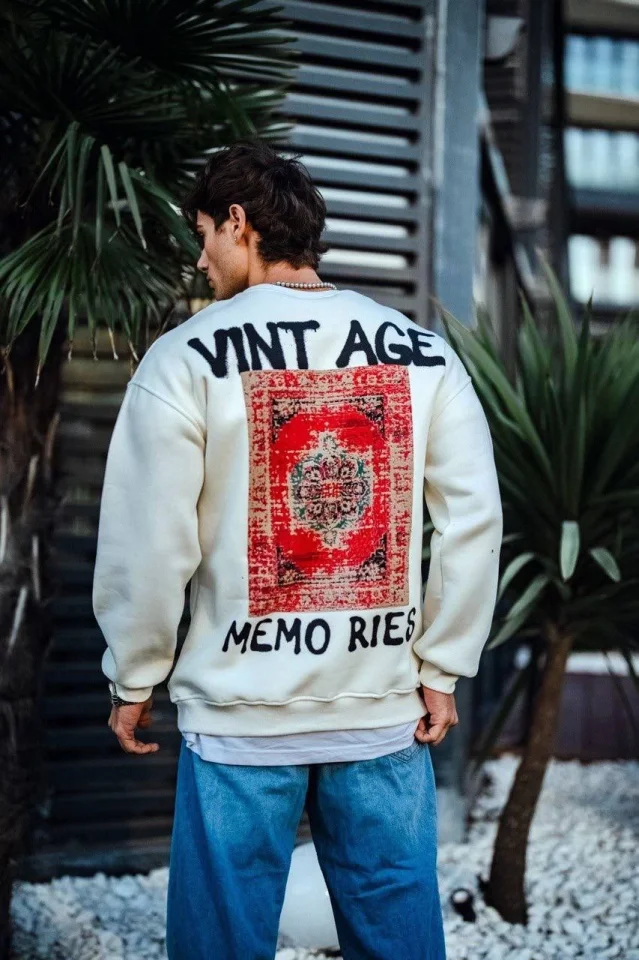Oversize Bisiklet Yaka Üç İplik Baskılı SweatShirt - Beyaz görsel 4