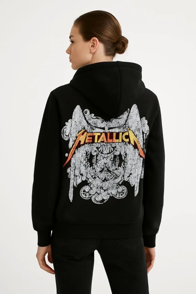 Metallica İki İplik Kapüşonlu Ön Ve Arka Baskılı Hoodie - Siyah görsel 4