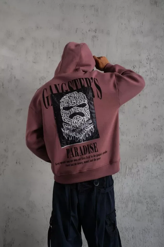 Erkek Paradise Baskılı Kapüşonlu Sweat - Gül Kurusu görsel 2