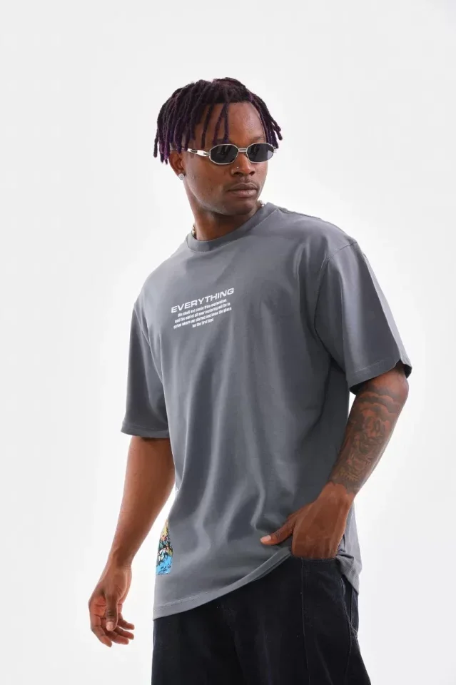 Unisex Bisiklet Yaka Baskılı Oversize T-Shirt - Gri görsel 3