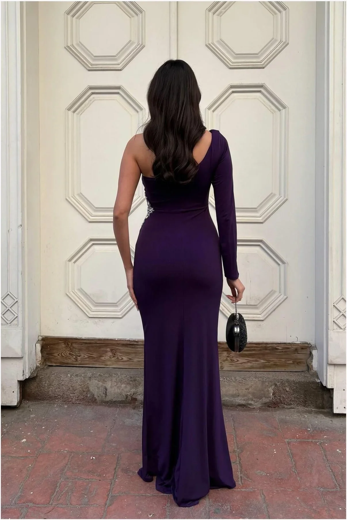 Kadın Trend Model Simli Kumaş Asimetrik Yaka Drapeli Tek Kollu Elbise görsel 4