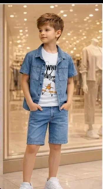 5/12 Yaş Kot(denim) Kumaş Tişörtlü Çocuk Takımı görsel 2