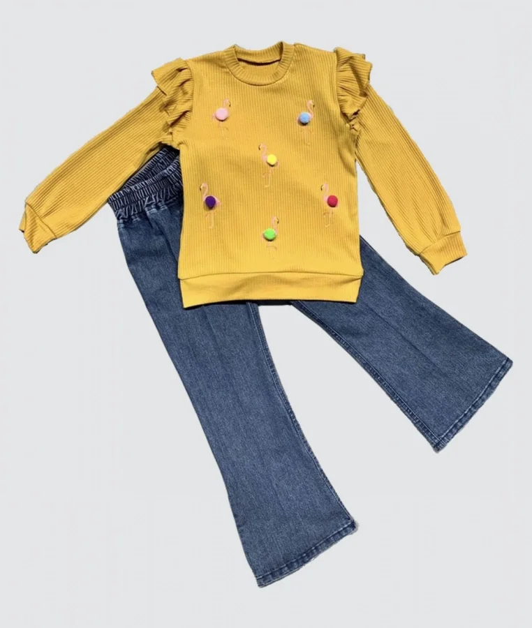 4-5-6 Yaş Kot Pantolonlu Flamingo Desenli Penye Sweat Uzun Kollu 2li Kız Çocuk Takımı Hardal