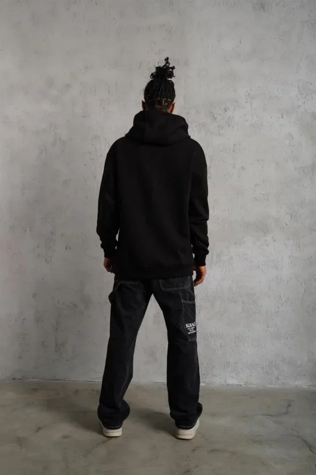 3 İplik Kapşonlu Sweatshirt Hoodie - Siyah görsel 3