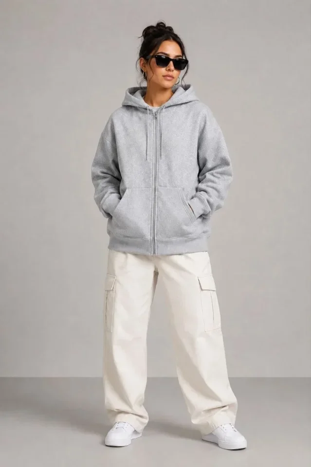 3 İplik Şardonlu Tam Fermuarlı Kapüşonlu Arka Çanta Detaylı Sweatshirt - Gri görsel 3