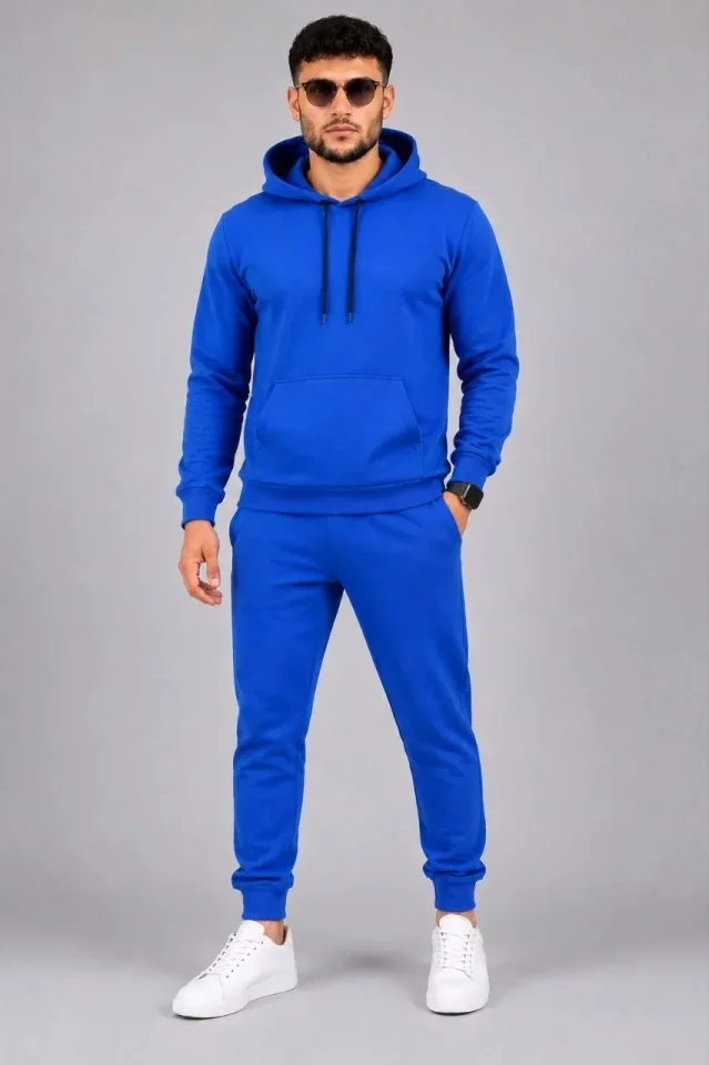 Erkek İki İplik Kapüşonlu Kanguru Cepli Sweatshirt Jogger Pantolon Alt Üst Eşofman Takımı -Saks Mavisi görsel 3
