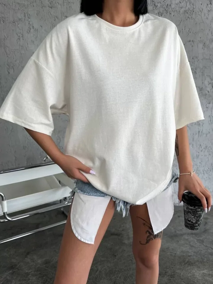 Düz Biskilet Yaka  T-shirt - Beyaz görsel 3