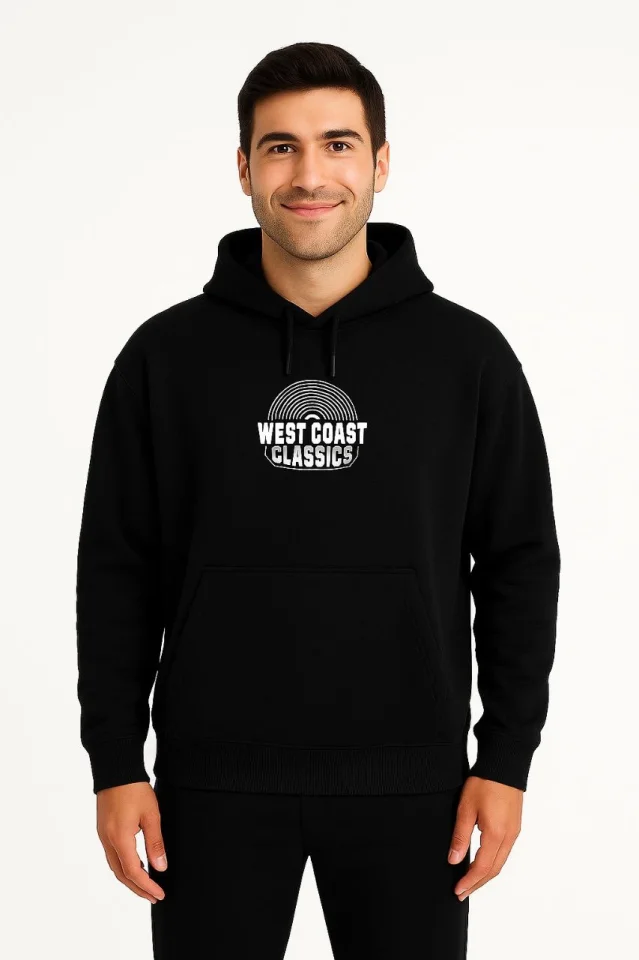 Erkek Üç İplik Kapüşonlu Ön Ve Arka Baskılı SweatShirt Hoodie - Siyah görsel 2