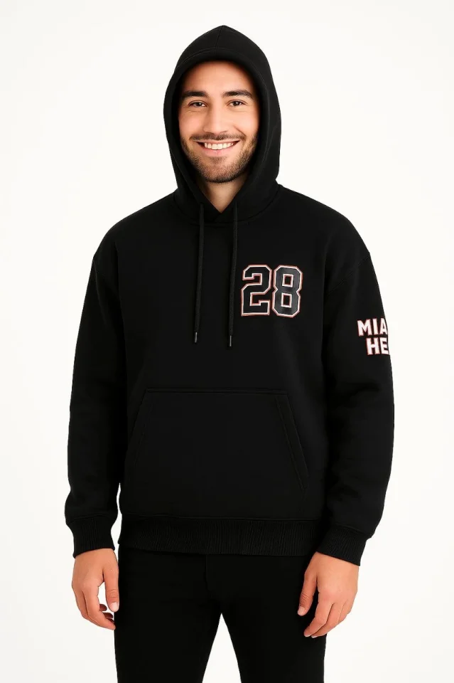 Üç İplik Kapüşonlu Ön Ve Arka Baskılı SweatShirt Hoodie - Siyah görsel 2